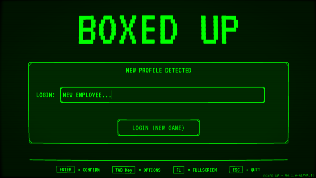 Start screen of Boxed Up. Showing login start screen for the game. Development in Progress.