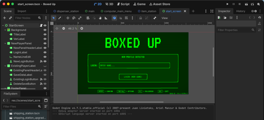 Box Directive start screen and save/load system being developed in the Godot game engine.