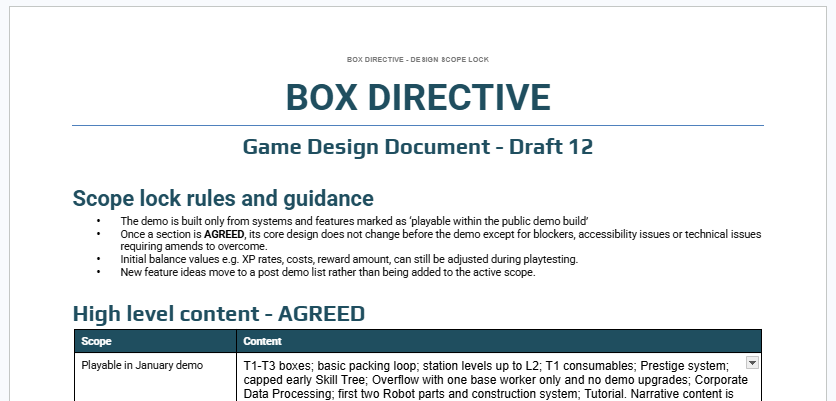 Box Directive Game Design Document Draft 12 showing the agreed scope lock rules and high level demo content.
