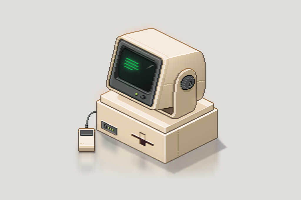 Pixel art 1980s-inspired computer with a tilted CRT monitor, base unit and small one-button mouse.
