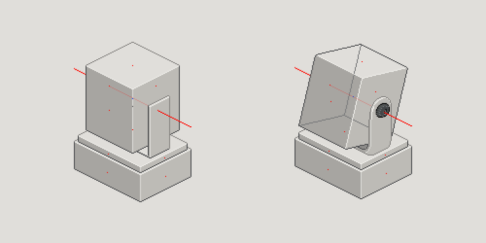 Pixel art monitor construction showing an upright block-based version beside a tilted version, with centre points and pivot guides used to work out the new angle.
