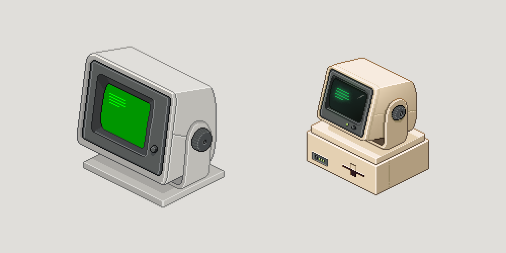 Two pixel art computer designs showing the earlier Box Directive computer and the later redesigned version.