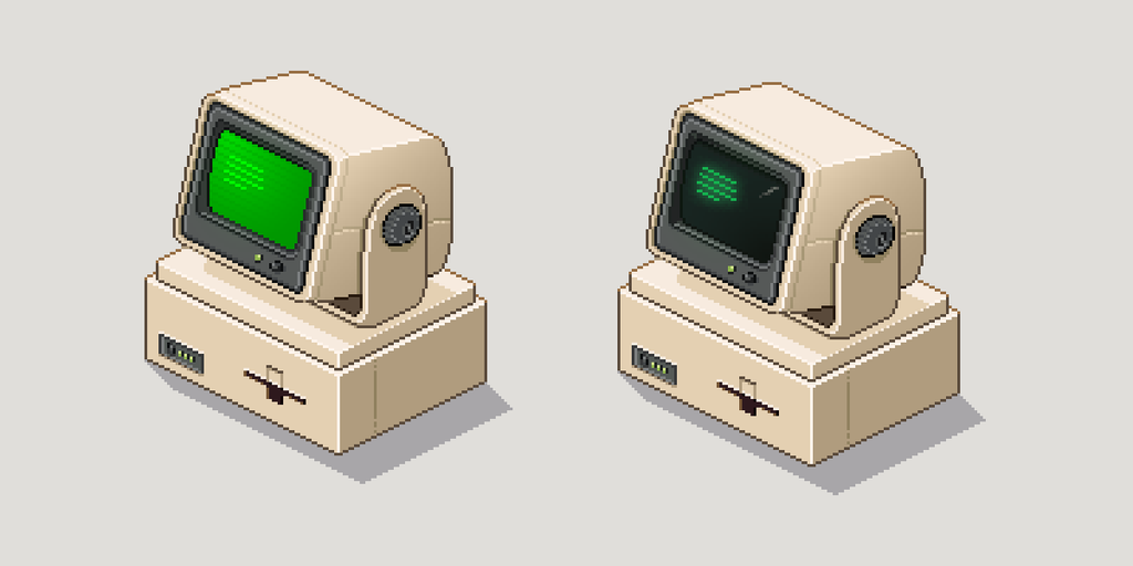 Pixel art CRT monitor showing the progression from a bright green display to a darker, more subdued screen.