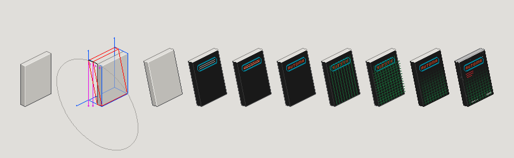 Hand-drawn pixel art development stages showing the AUTOMA catalogue progressing from a simple isometric block into the finished leaning catalogue.