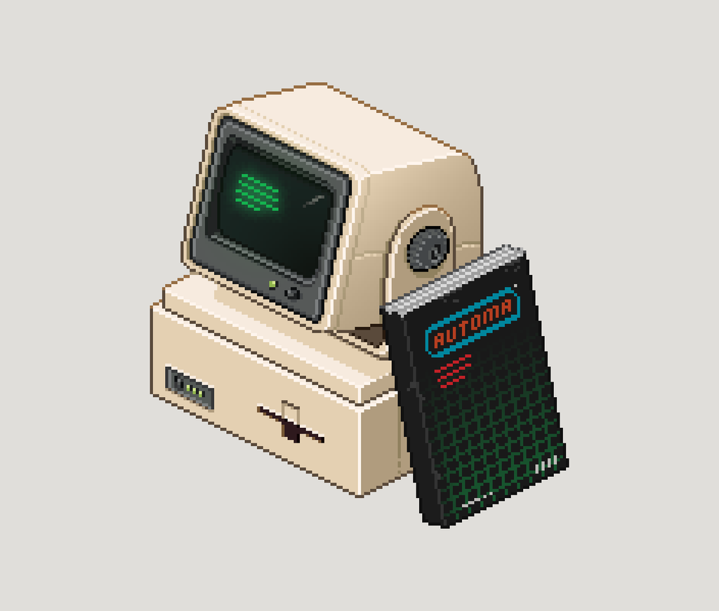 Pixel art AUTOMA robot-parts catalogue with a dark cover, green perspective grid and angular red-orange title lettering.