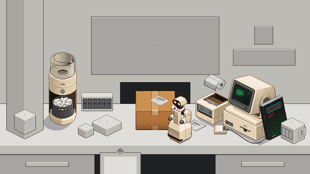 Box Directive workstation in pixel art showing the AUTOMA catalogue leaning against the computer alongside the surrounding packing machinery.