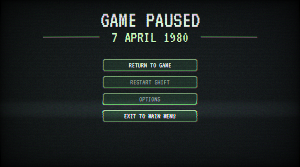 Box Directive work-in-progress pause menu showing the current date, Return to Game, Restart Shift, Options and Exit to Main Menu buttons.