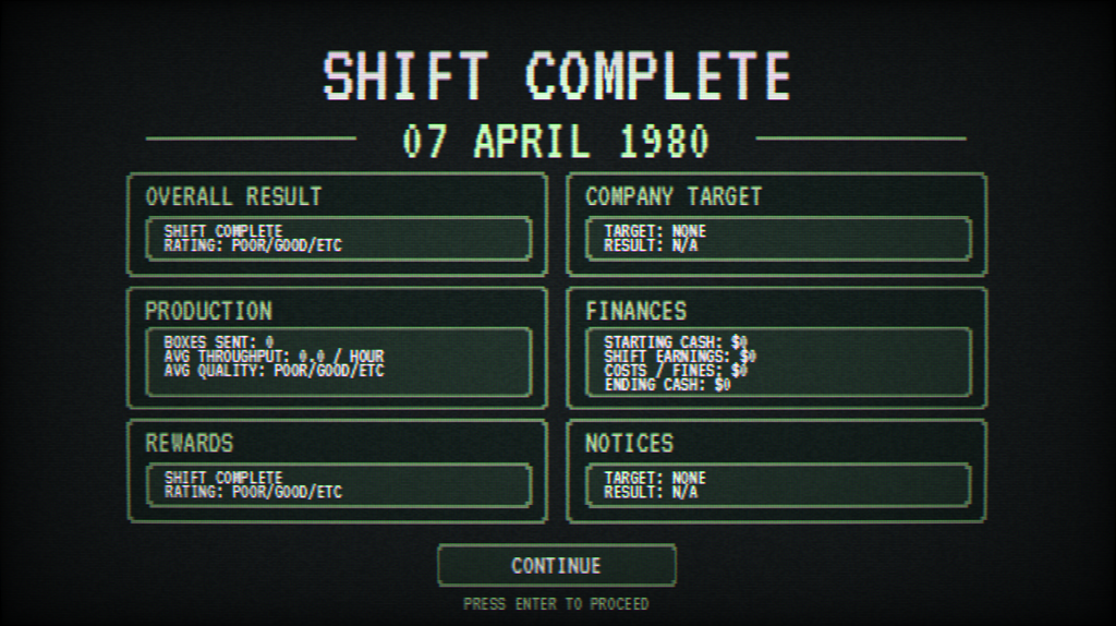 Box Directive work-in-progress Shift Complete screen showing placeholder sections for overall result, company target, production, finances, rewards and notices.