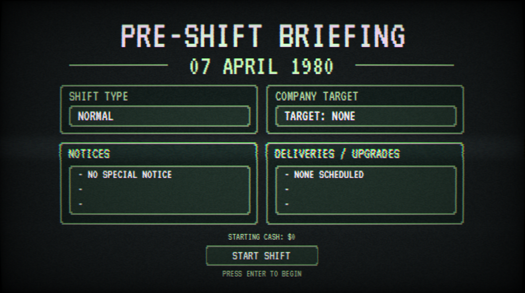Box Directive work-in-progress Pre-Shift Briefing screen showing the date and temporary briefing information before a shift begins.